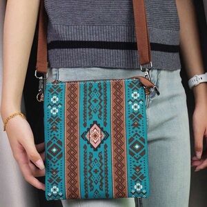 Set of 2 Tribal Pattern Crossbody Bag - Teal and Brown